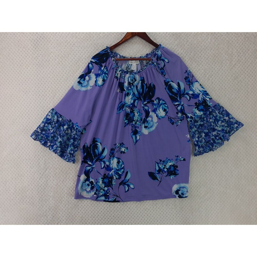 Susan Graver Liquid Knit Purple Floral Blouse Women's Large
